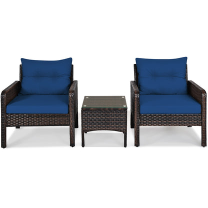 3 Piece Rattan Patio Conversation Set, With Seat Cushions, Navy Patio Conversation Sets at Gallery Canada