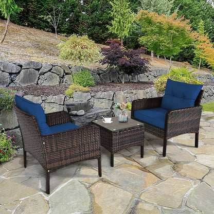 3 Piece Rattan Patio Conversation Set, With Seat Cushions, Navy Patio Conversation Sets at Gallery Canada