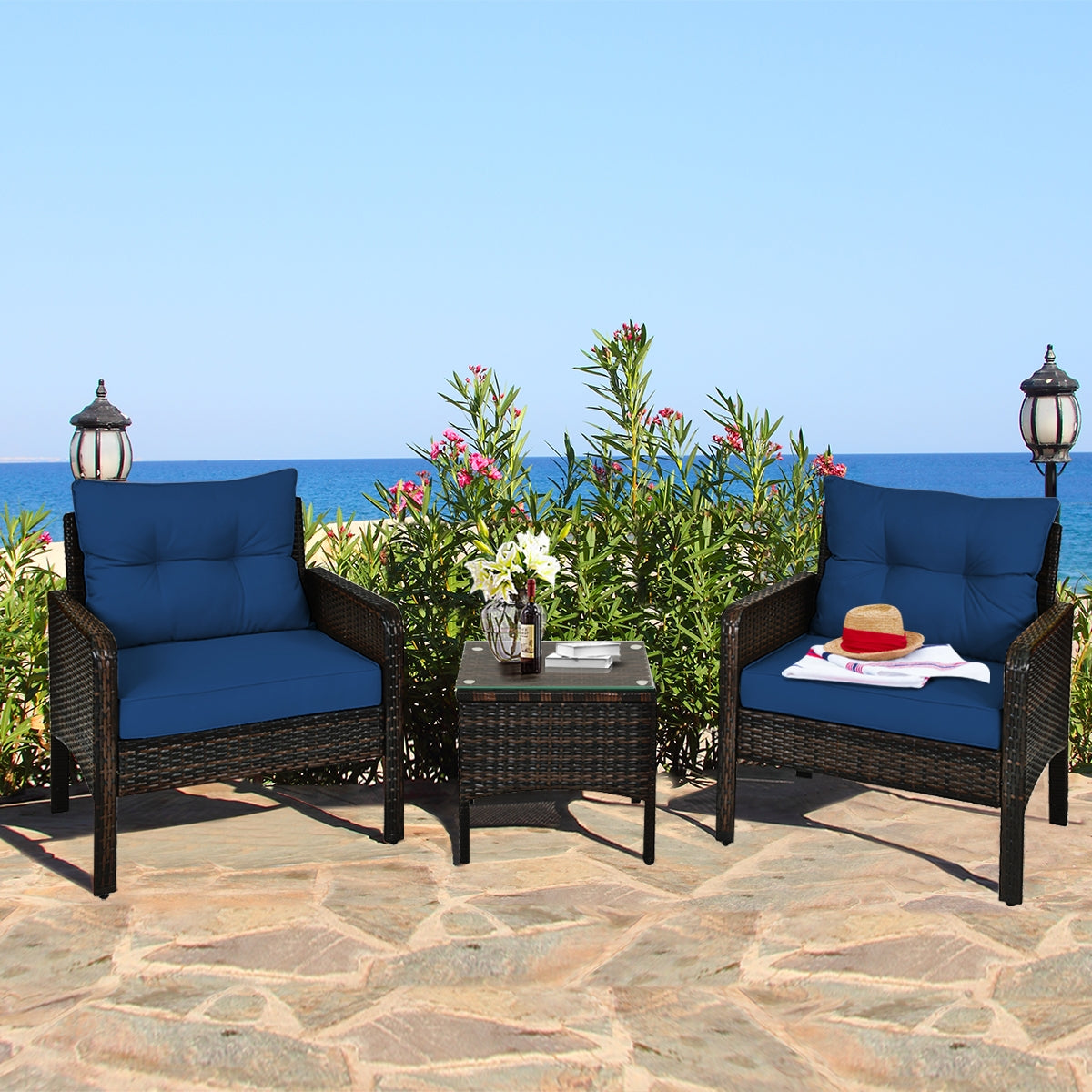 3 Piece Rattan Patio Conversation Set, With Seat Cushions, Navy Patio Conversation Sets at Gallery Canada