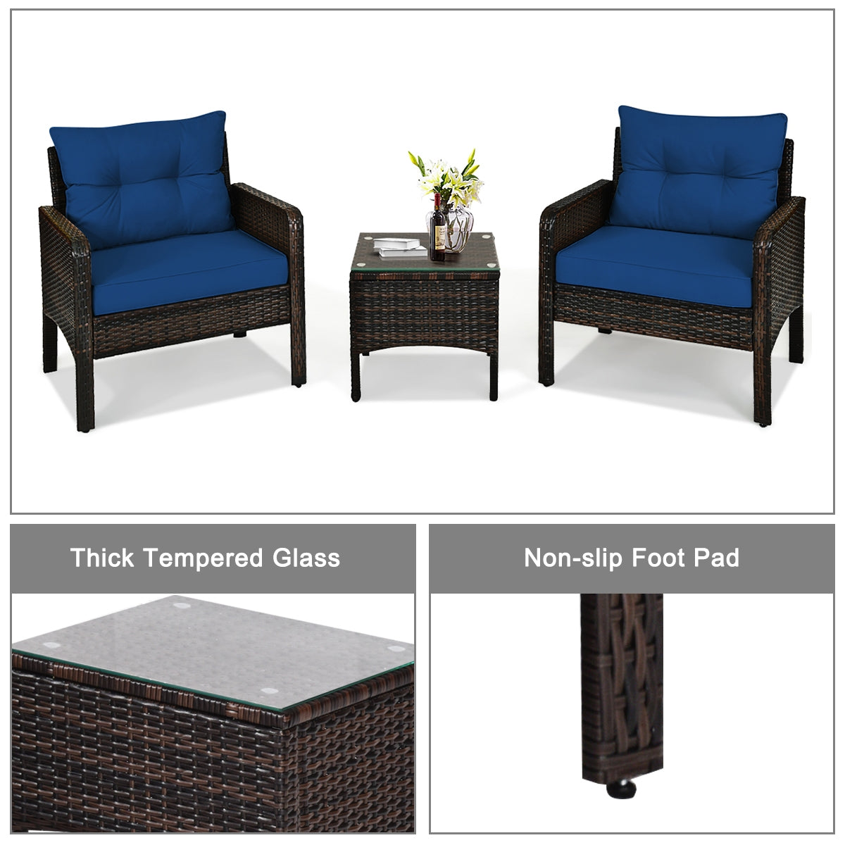 3 Piece Rattan Patio Conversation Set, With Seat Cushions, Navy Patio Conversation Sets at Gallery Canada