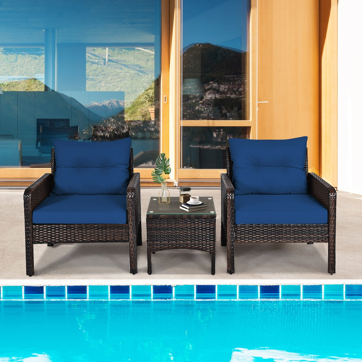 3 Piece Rattan Patio Conversation Set, With Seat Cushions, Navy Patio Conversation Sets at Gallery Canada