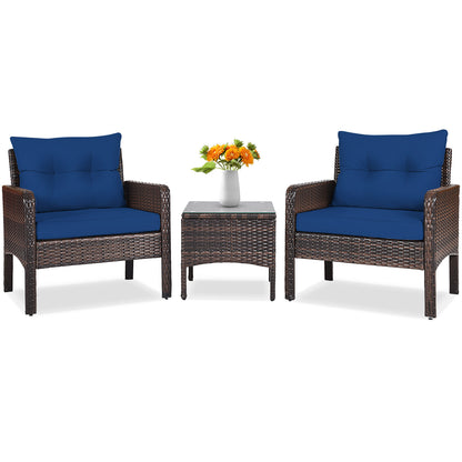 3 Piece Rattan Patio Conversation Set, With Seat Cushions, Navy Patio Conversation Sets at Gallery Canada