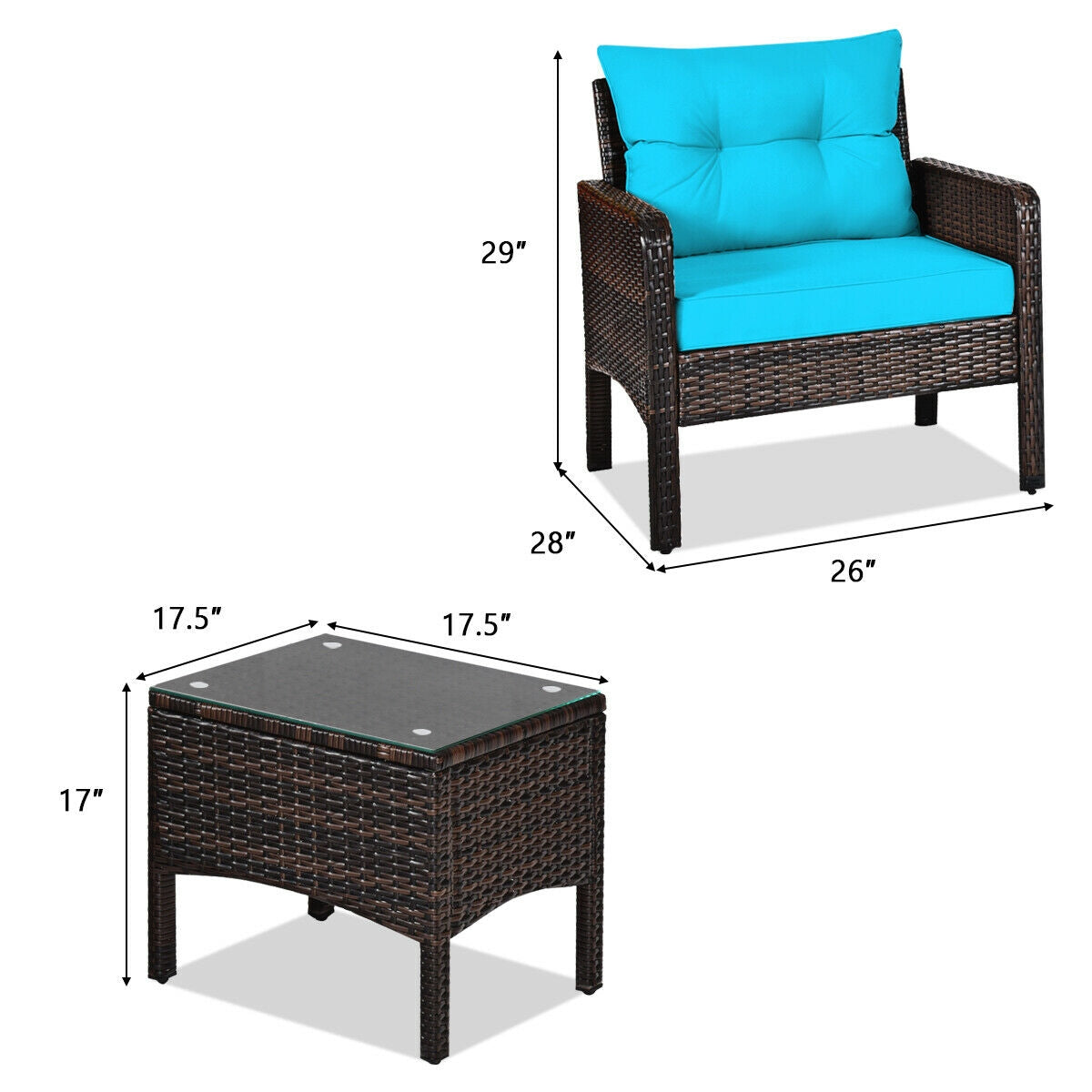 3 Pcs Outdoor Patio Rattan Conversation Set, Turquoise Patio Conversation Sets at Gallery Canada