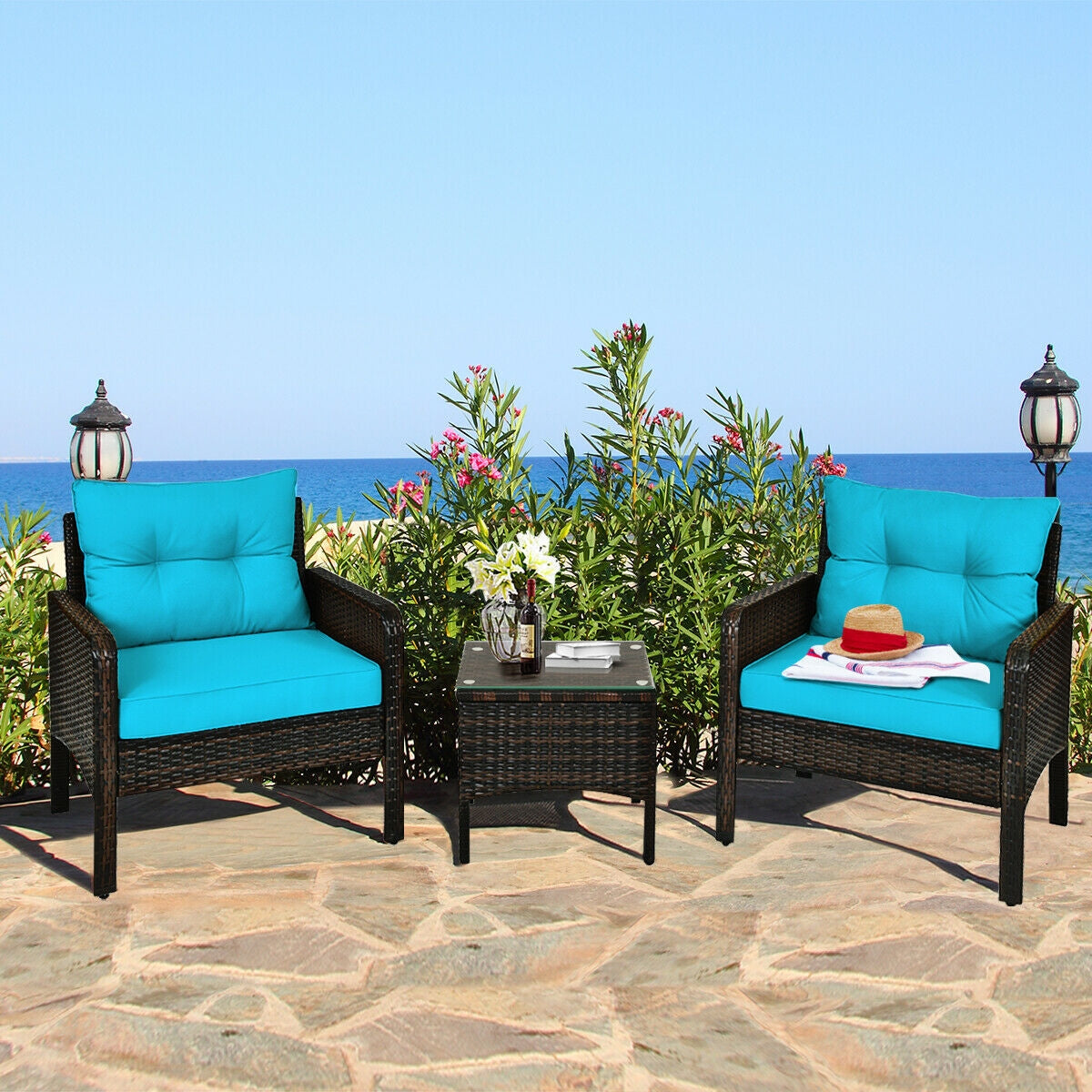 3 Pcs Outdoor Patio Rattan Conversation Set, Turquoise Patio Conversation Sets at Gallery Canada