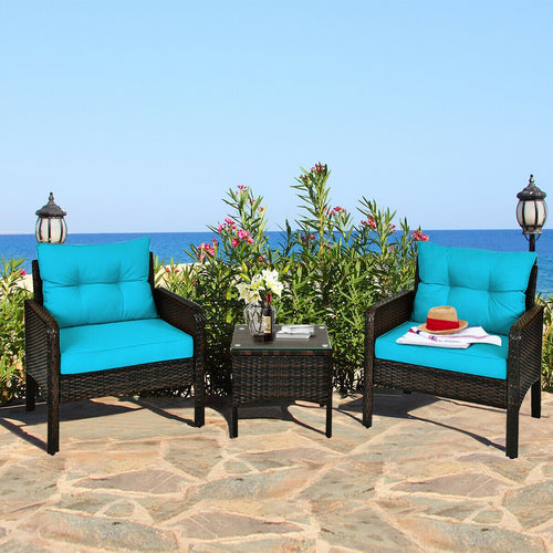 3 Pcs Outdoor Patio Rattan Conversation Set, Turquoise