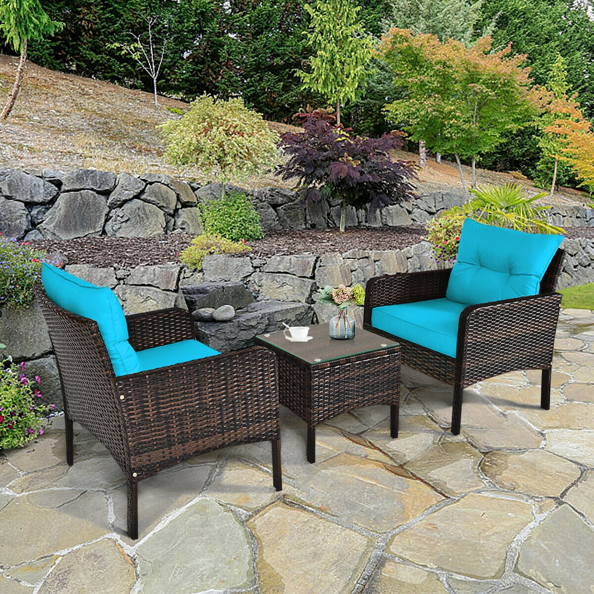 3 Pcs Outdoor Patio Rattan Conversation Set, Turquoise Patio Conversation Sets at Gallery Canada