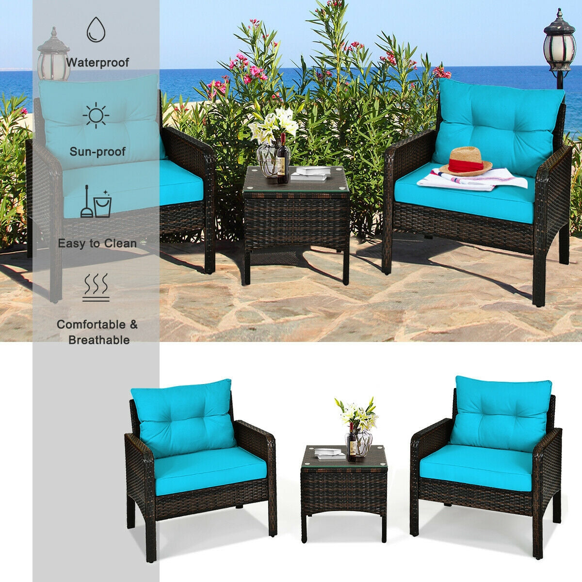 3 Pcs Outdoor Patio Rattan Conversation Set, Turquoise Patio Conversation Sets at Gallery Canada