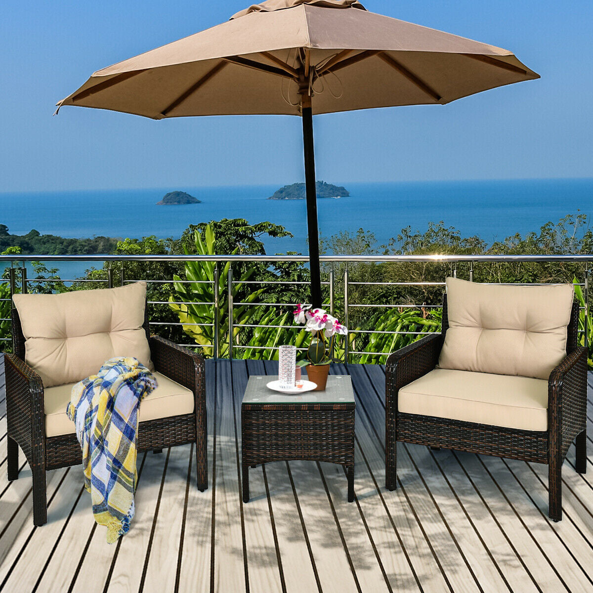 3 Piece Outdoor Rattan Conversation Set, Beige Patio Conversation Sets at Gallery Canada