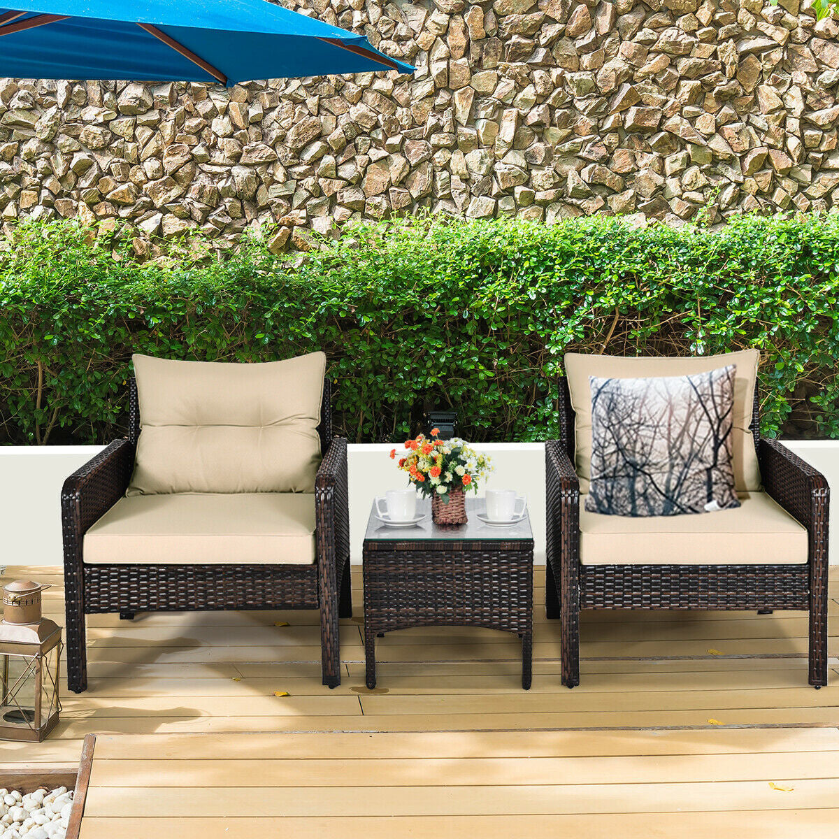 3 Piece Outdoor Rattan Conversation Set, Beige Patio Conversation Sets at Gallery Canada