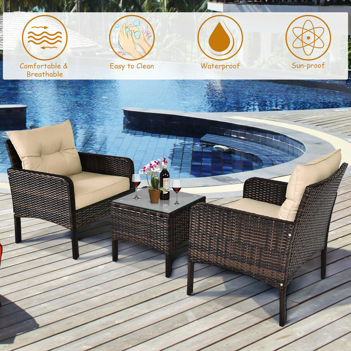3 Piece Outdoor Rattan Conversation Set, Beige Patio Conversation Sets at Gallery Canada