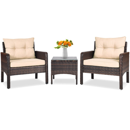 3 Piece Outdoor Rattan Conversation Set, Beige