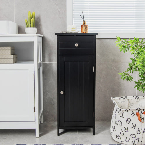 Wooden Bathroom Floor Storage Cabinet With Drawer And Shelf, Black