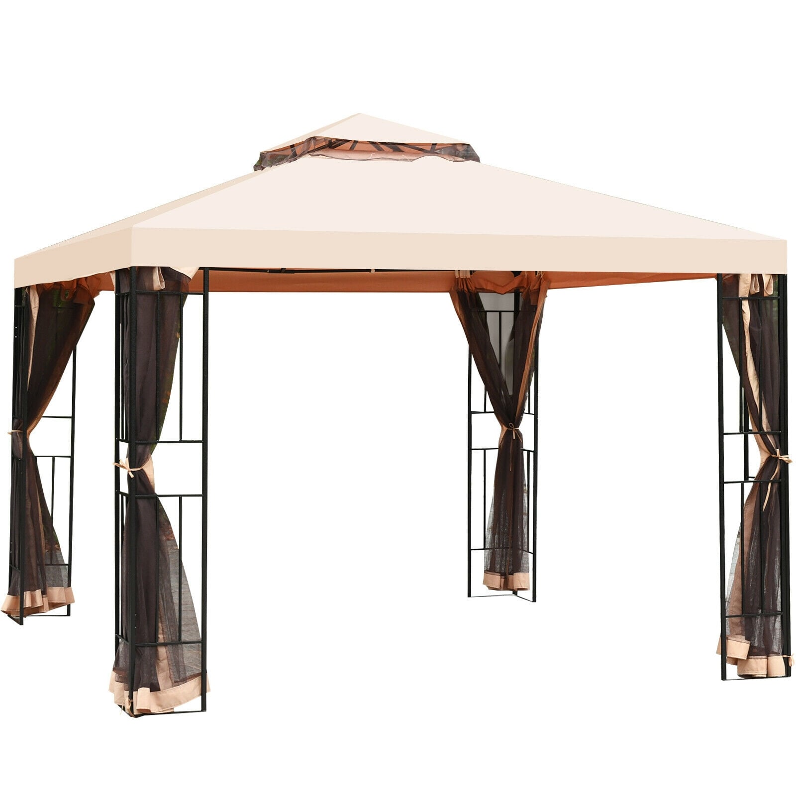 10 x 10 Feet 2-Tier Vented Metal Canopy With Mosquito Netting, Beige Gazebos at Gallery Canada