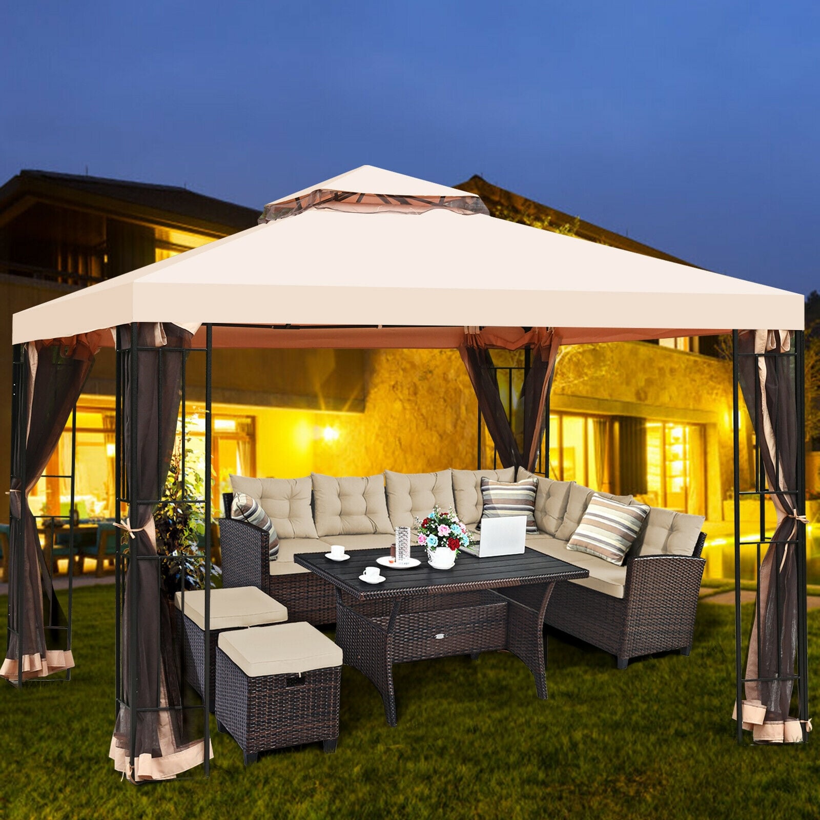 10 x 10 Feet 2-Tier Vented Metal Canopy With Mosquito Netting, Beige Gazebos at Gallery Canada