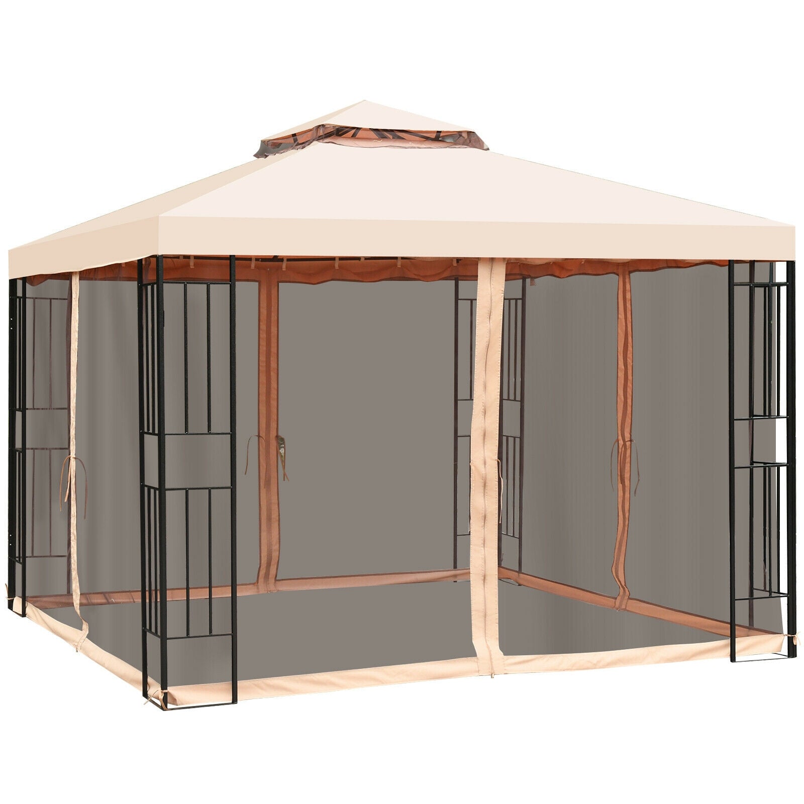 10 x 10 Feet 2-Tier Vented Metal Canopy With Mosquito Netting, Beige Gazebos at Gallery Canada