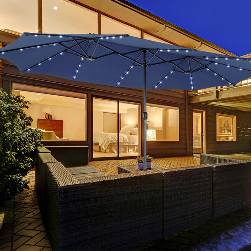 15 Feet Twin Patio Umbrella, 48 Solar LED Lights, Navy