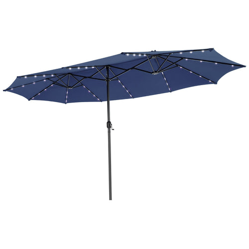 15 Feet Twin Patio Umbrella, 48 Solar LED Lights, Navy