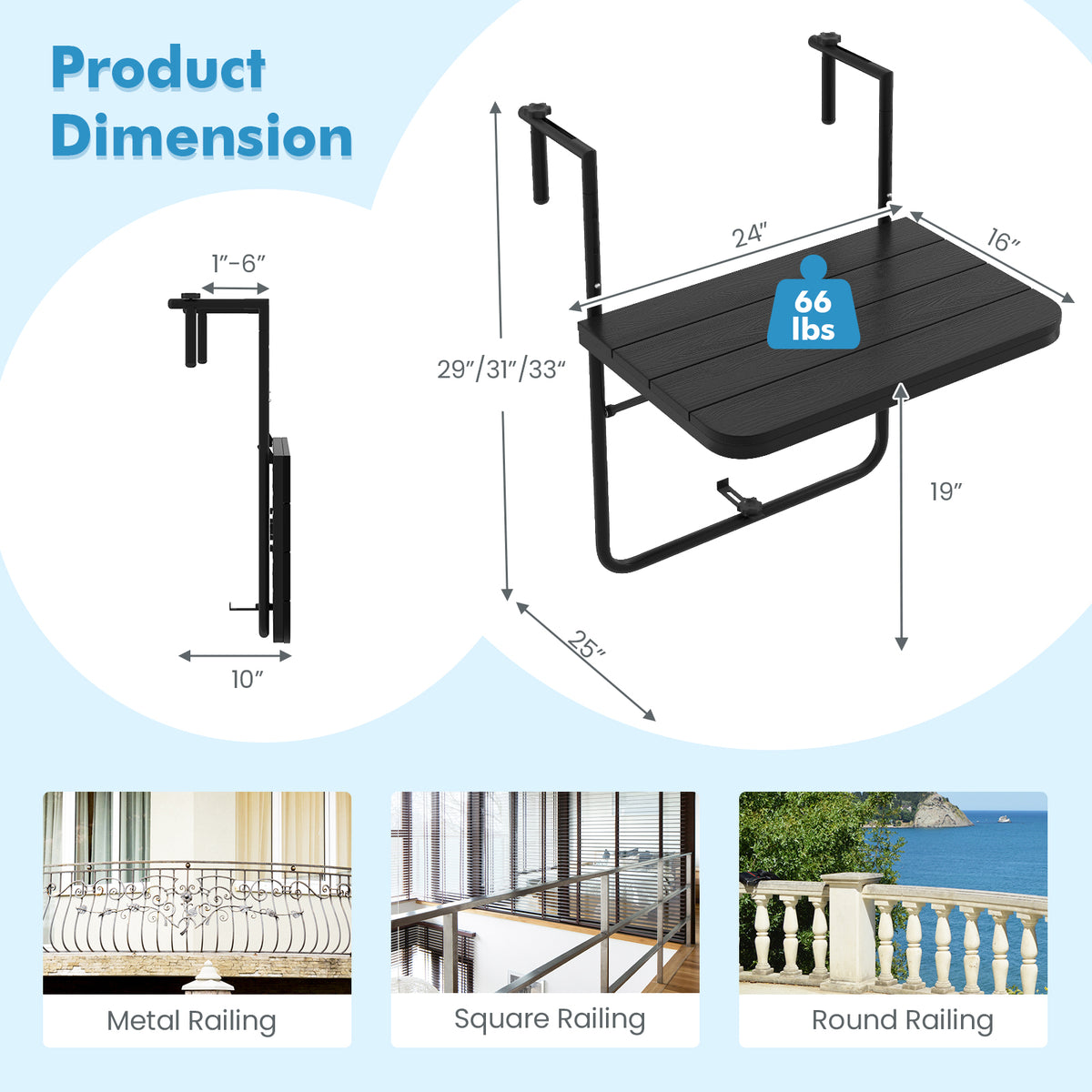 Folding Hanging Table, 3-Level Adjustable Height, Black Patio Tables at Gallery Canada