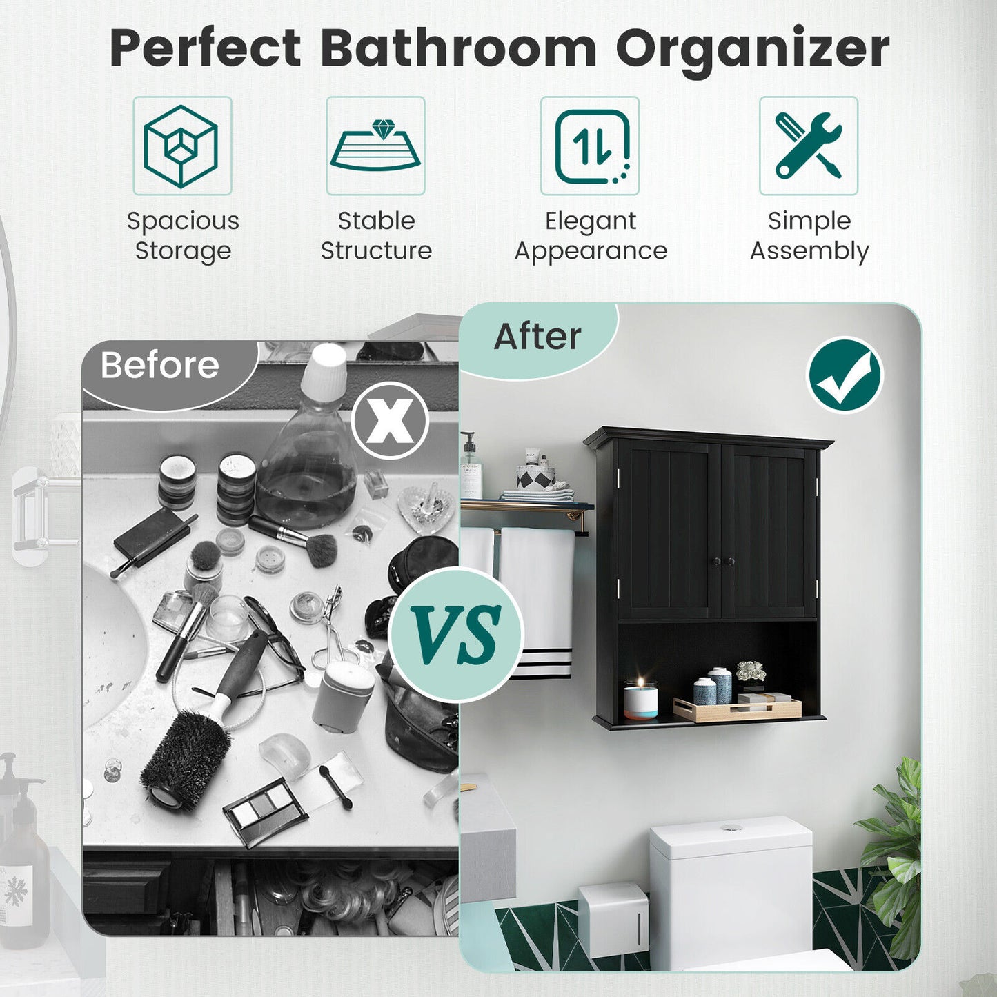 Wall Mount Bathroom Storage Cabinet, 2-Door, Black Wall Cabinets at Gallery Canada