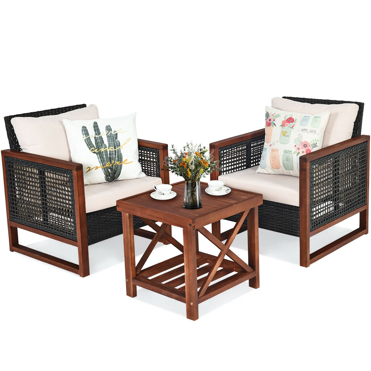 3 Pc Patio Wicker Sofa Set, Wood Frame, Cushion, Beige Patio Conversation Sets at Gallery Canada