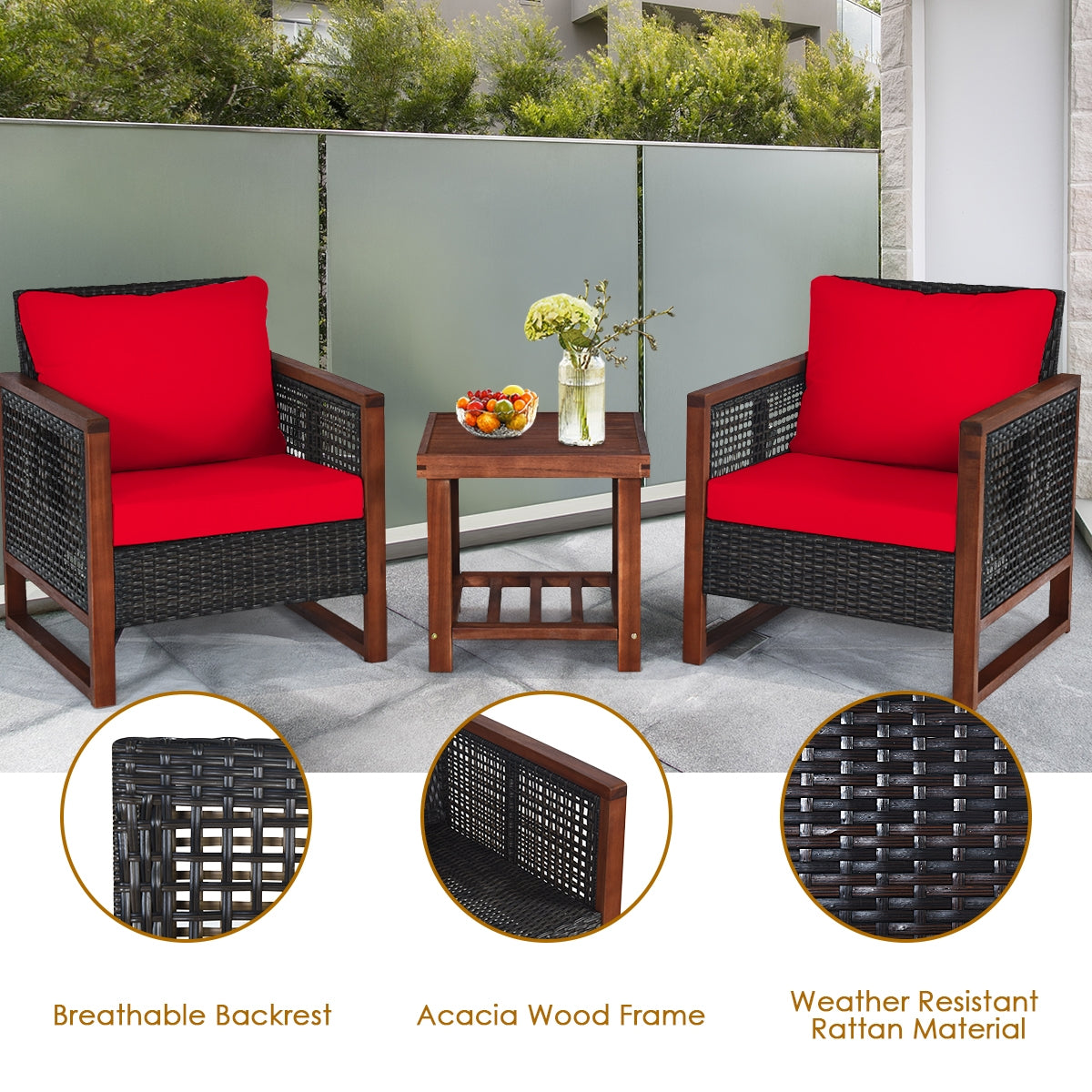 3-Piece Acacia Wood Patio Set, Coffee Table, Red Patio Conversation Sets at Gallery Canada