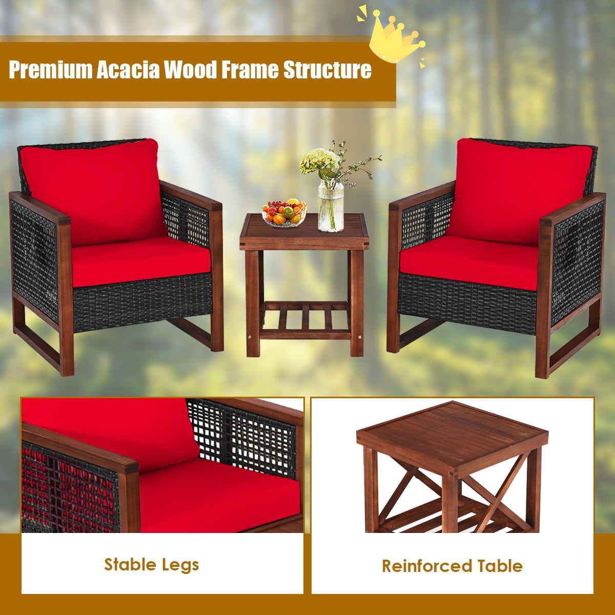 3-Piece Acacia Wood Patio Set, Coffee Table, Red Patio Conversation Sets at Gallery Canada