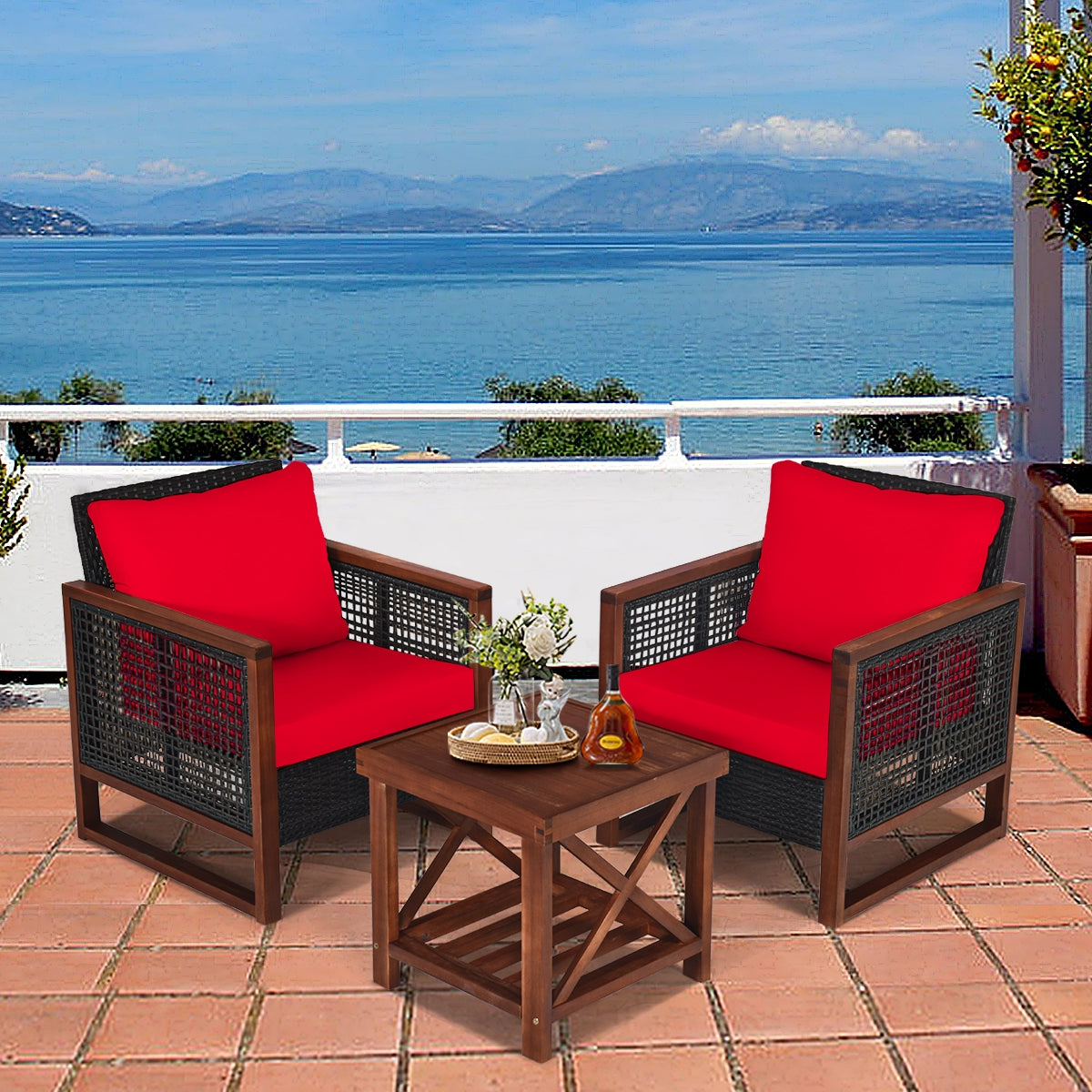3-Piece Acacia Wood Patio Set, Coffee Table, Red Patio Conversation Sets at Gallery Canada