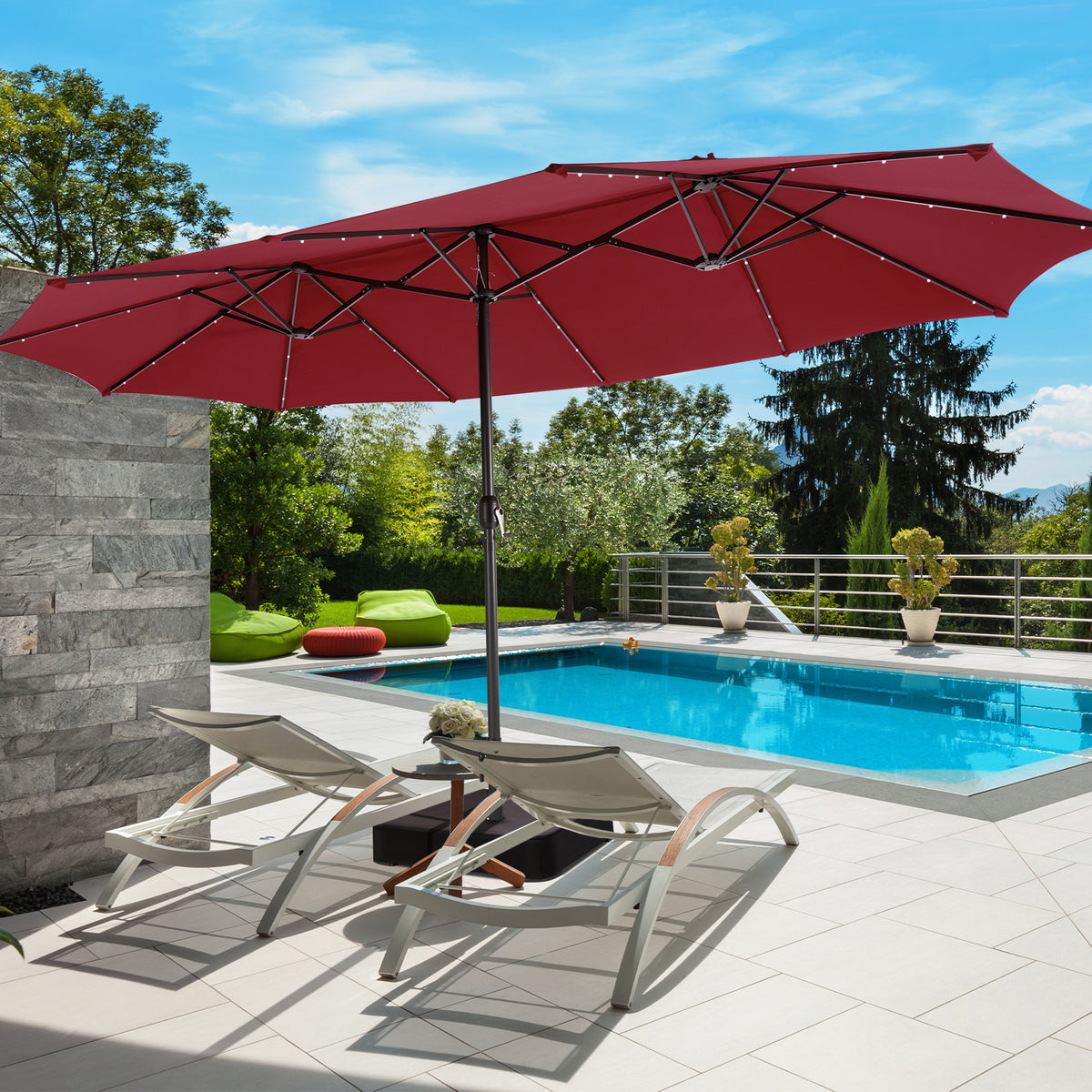 15 Feet Double-Sided Patio Umbrella, 48 LED Lights, Dark Red Outdoor Umbrellas at Gallery Canada
