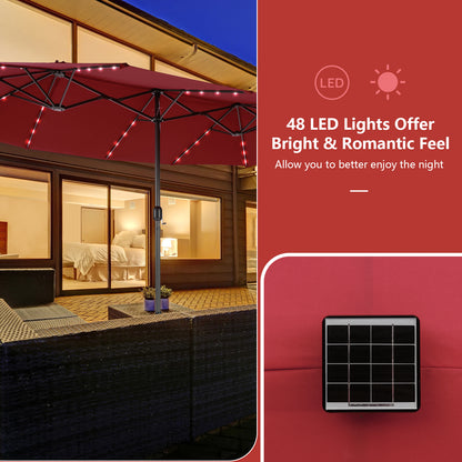 15 Feet Double-Sided Patio Umbrella, 48 LED Lights, Dark Red Outdoor Umbrellas at Gallery Canada