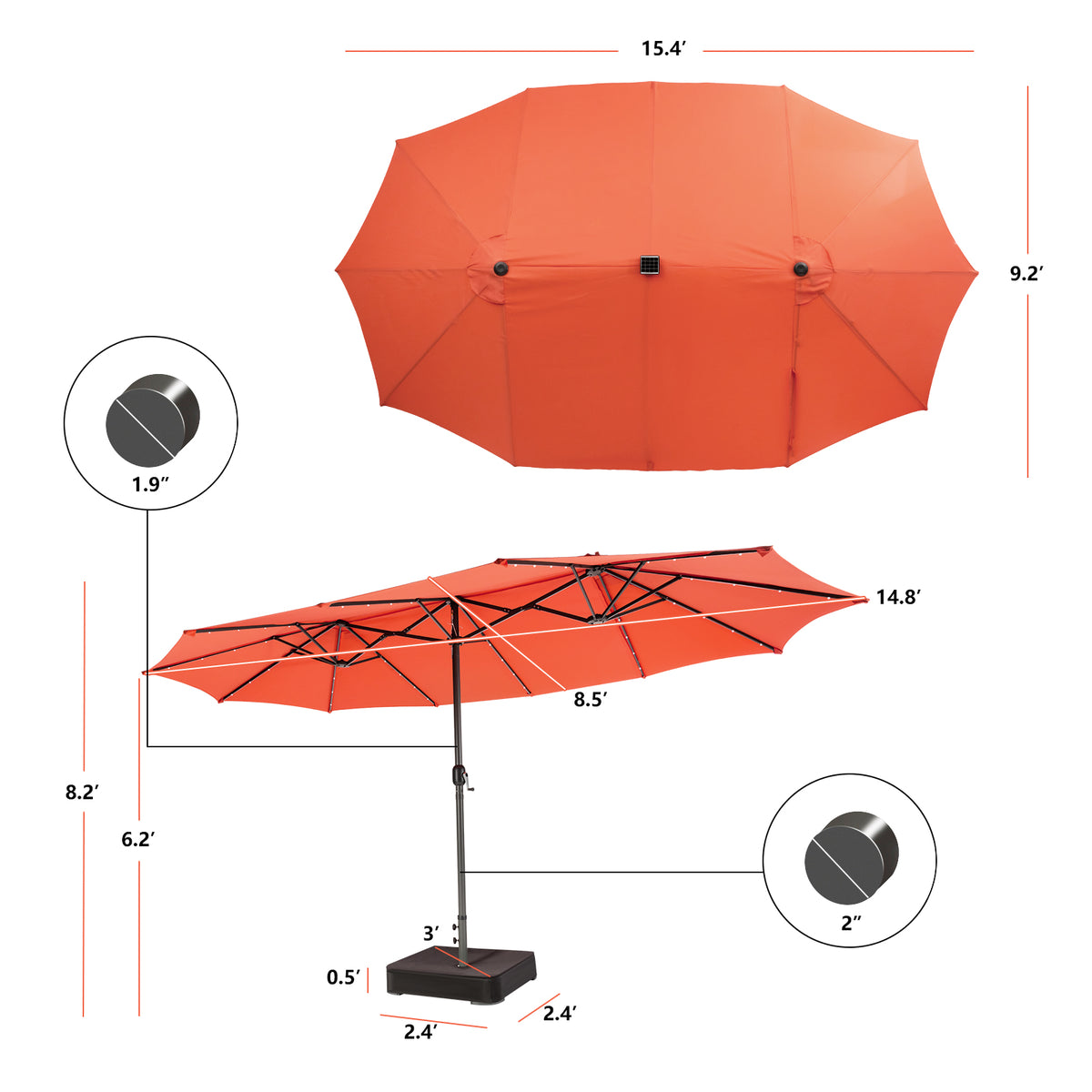 15 Feet Double-Sided Patio Umbrella, 48 LED Lights, Orange Outdoor Umbrellas at Gallery Canada
