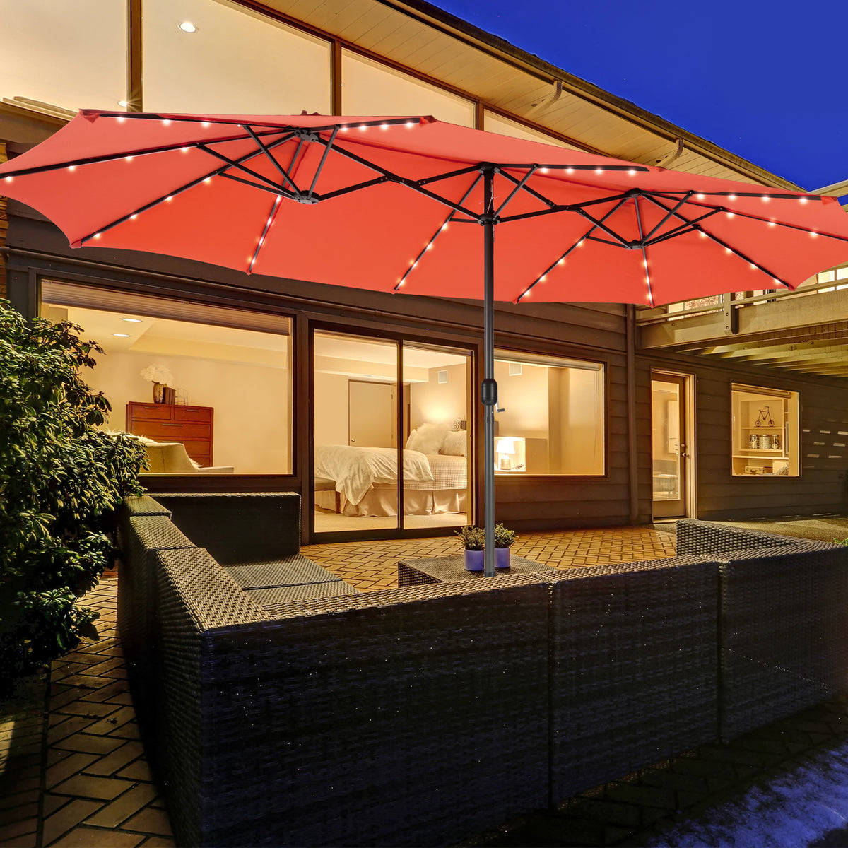 15 Feet Double-Sided Patio Umbrella, 48 LED Lights, Orange Outdoor Umbrellas at Gallery Canada