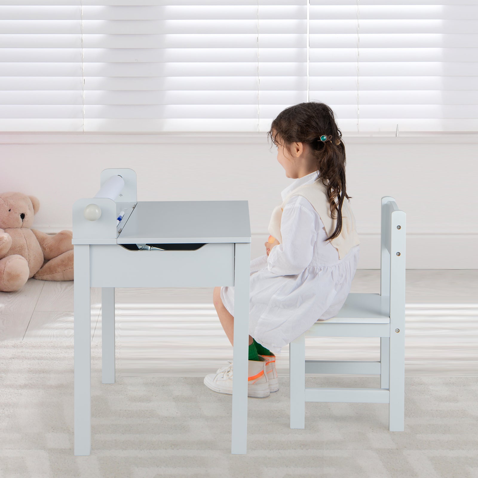 Kids Table And Chair Set With Storage, Paper Roll Holder, Gray Kids Table & Chair Sets at Gallery Canada