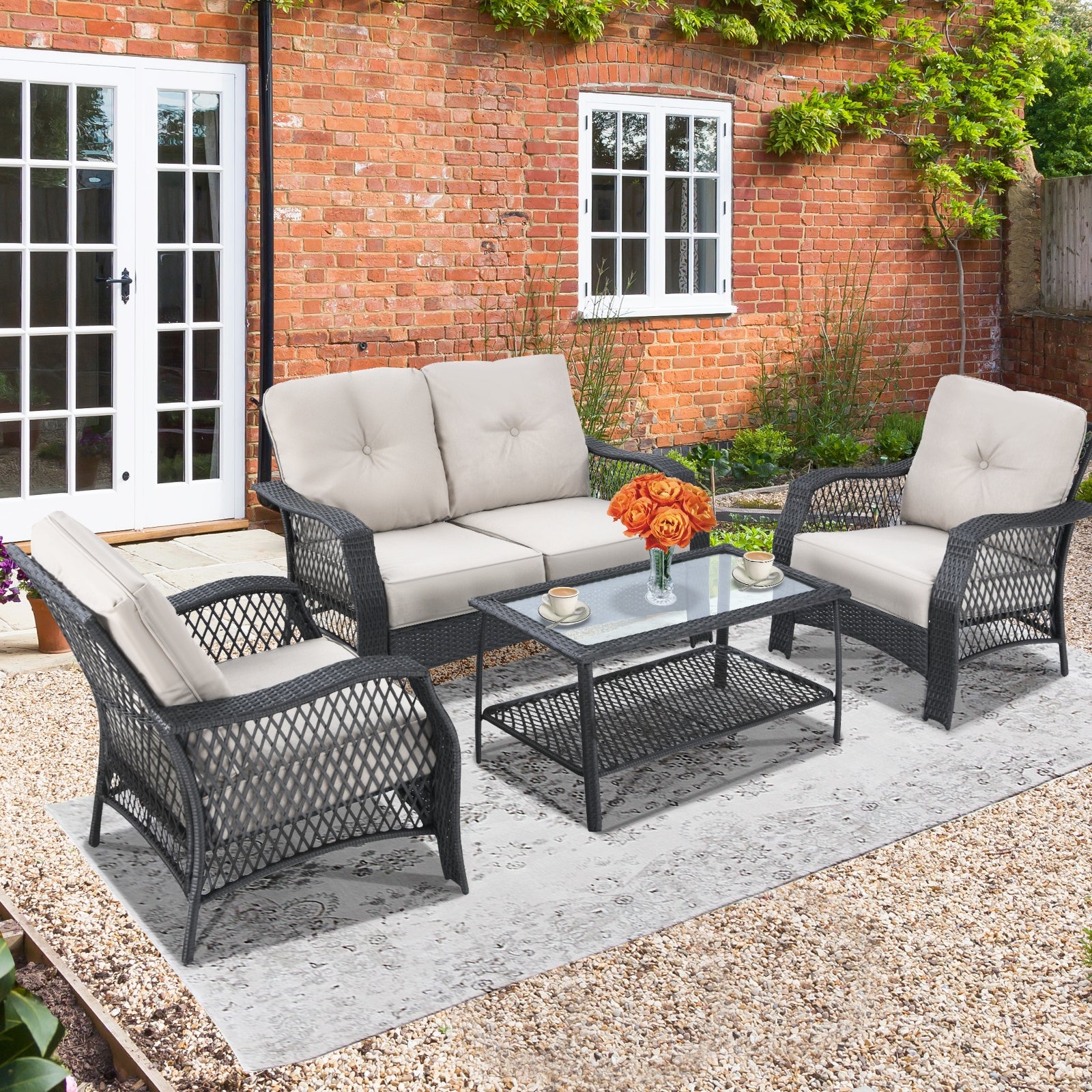 4 Piece Patio Wicker Furniture Set, Loveseat Sofa Coffee Table, Beige Patio Conversation Sets at Gallery Canada