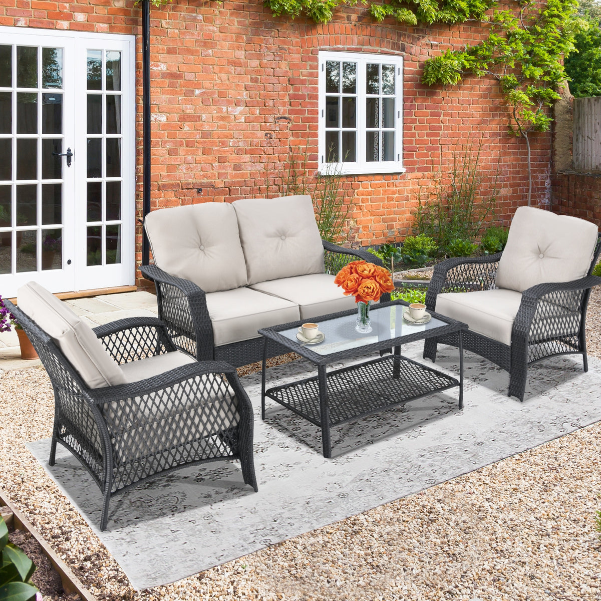 4 Piece Patio Wicker Furniture Set, Loveseat Sofa Coffee Table, Beige Patio Conversation Sets at Gallery Canada