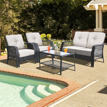 4 Piece Patio Wicker Furniture Set, Loveseat Sofa Coffee Table, Beige Patio Conversation Sets at Gallery Canada