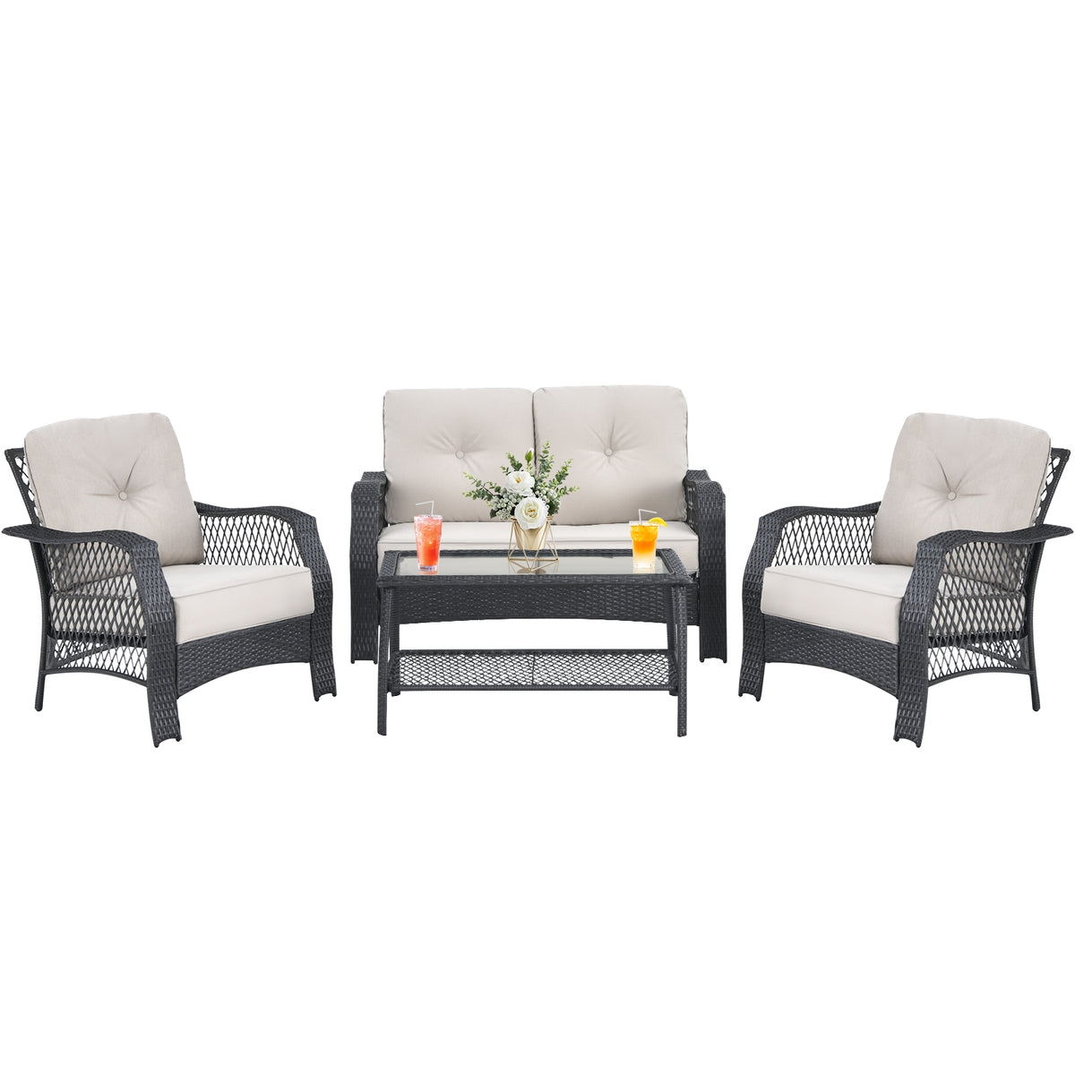 4 Piece Patio Wicker Furniture Set, Loveseat Sofa Coffee Table, Beige Patio Conversation Sets at Gallery Canada