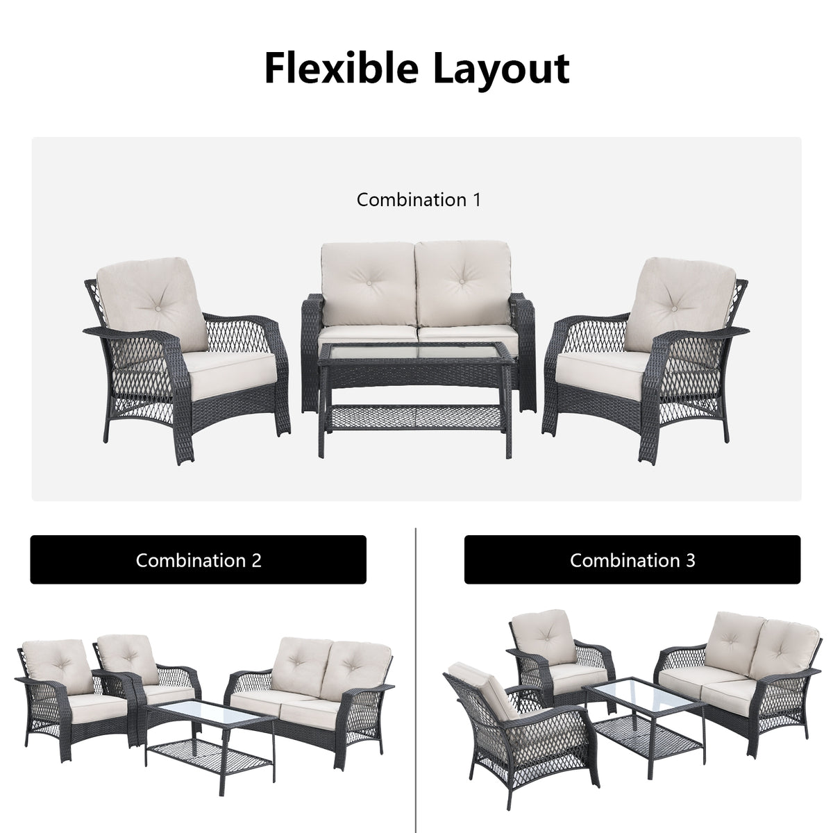 4 Piece Patio Wicker Furniture Set, Loveseat Sofa Coffee Table, Beige Patio Conversation Sets at Gallery Canada