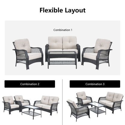 4 Piece Patio Wicker Furniture Set, Loveseat Sofa Coffee Table, Beige Patio Conversation Sets at Gallery Canada