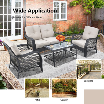 4 Piece Patio Wicker Furniture Set, Loveseat Sofa Coffee Table, Beige Patio Conversation Sets at Gallery Canada