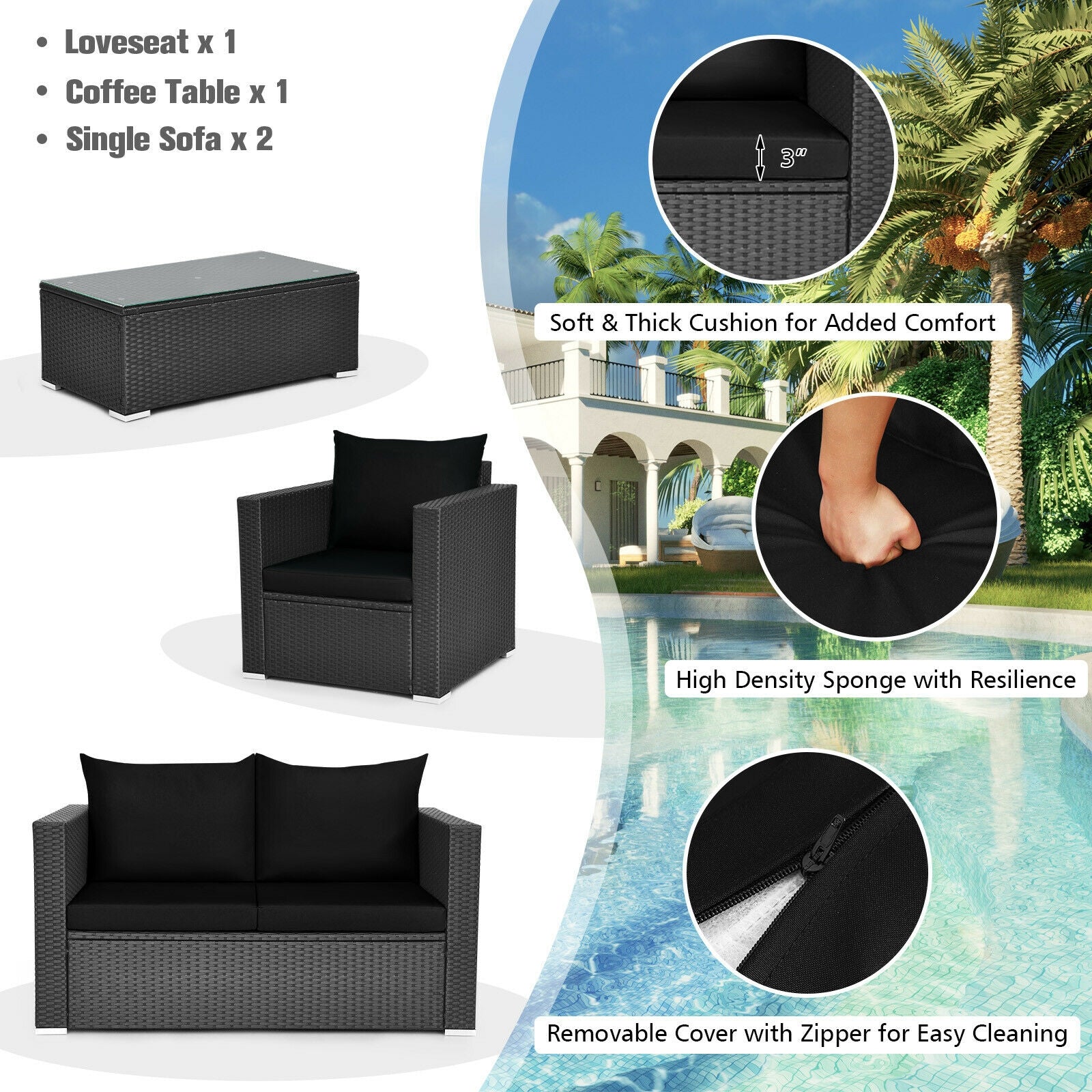 4 Pcs Patio Rattan Cushioned Furniture Set, Dark Black Patio Conversation Sets at Gallery Canada