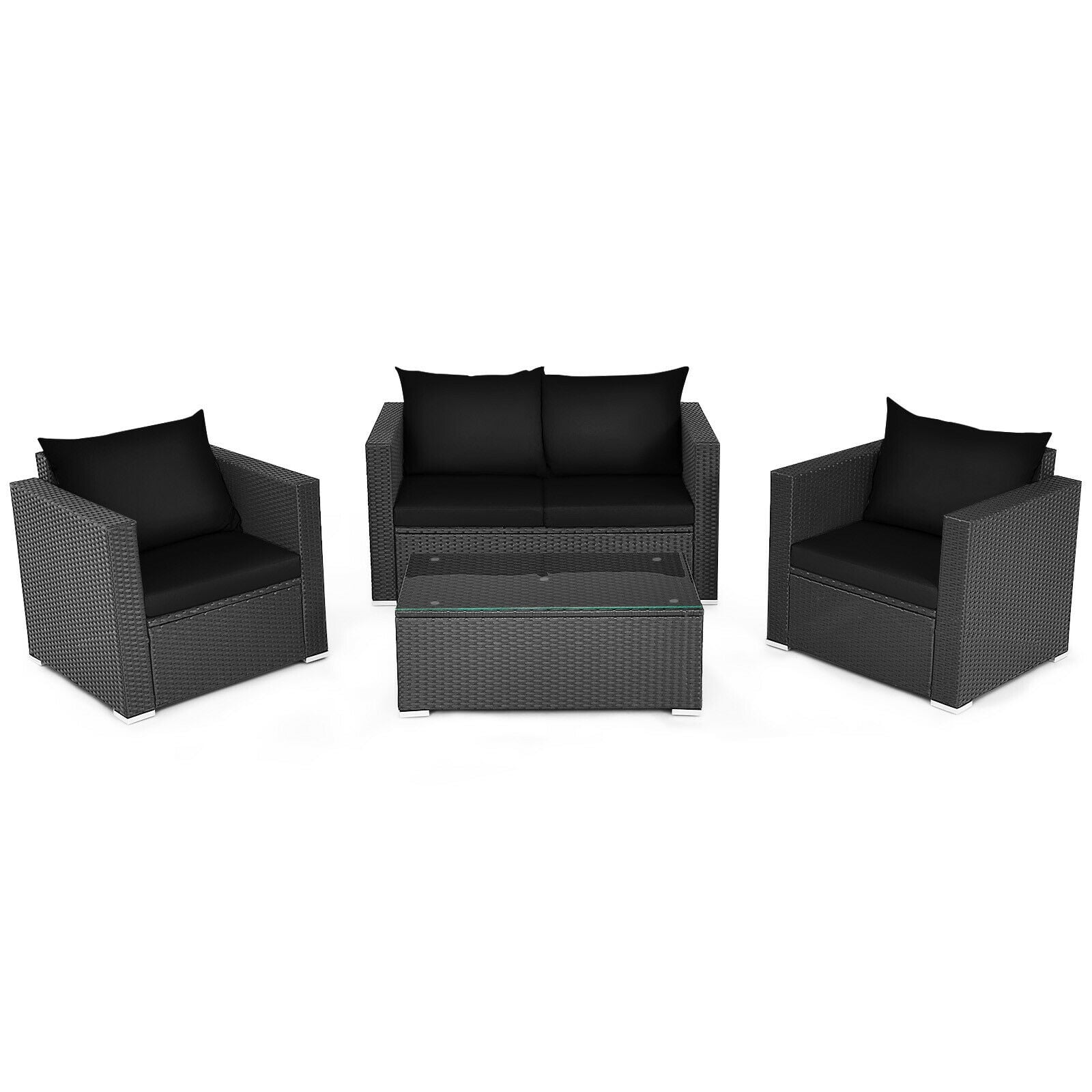 4 Pcs Patio Rattan Cushioned Furniture Set, Dark Black Patio Conversation Sets Black at Gallery Canada