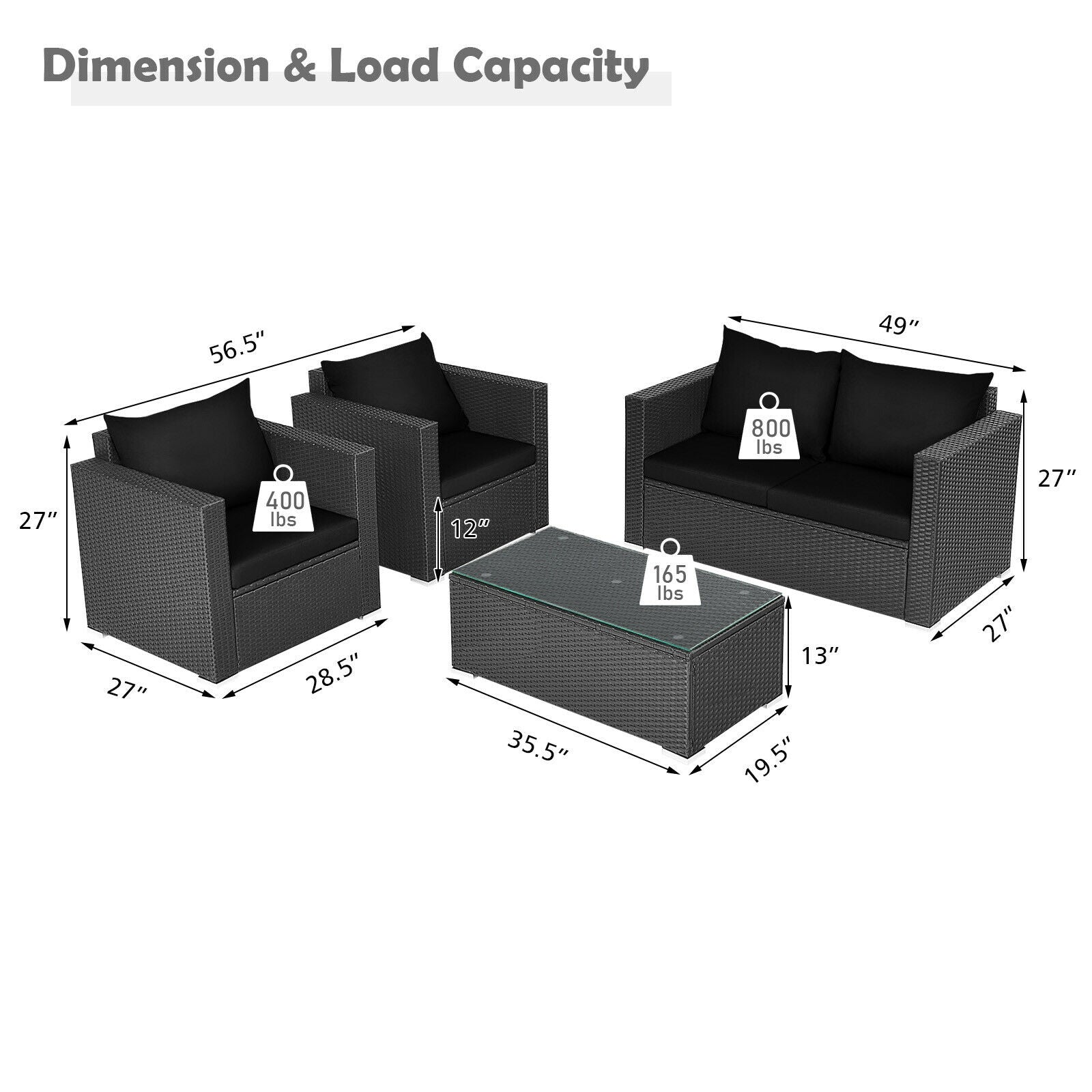 4 Pcs Patio Rattan Cushioned Furniture Set, Dark Black Patio Conversation Sets at Gallery Canada