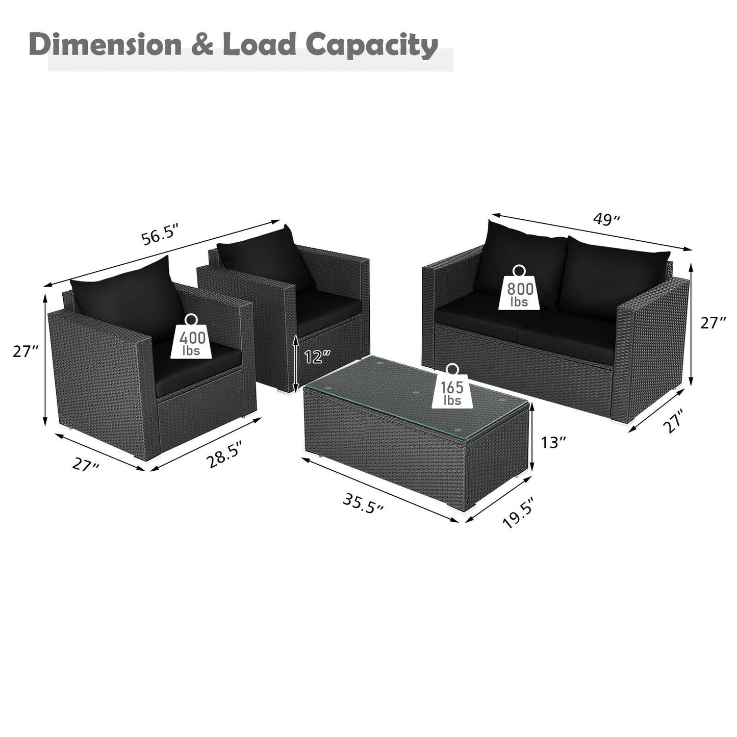 4 Pcs Patio Rattan Cushioned Furniture Set, Dark Black Patio Conversation Sets at Gallery Canada