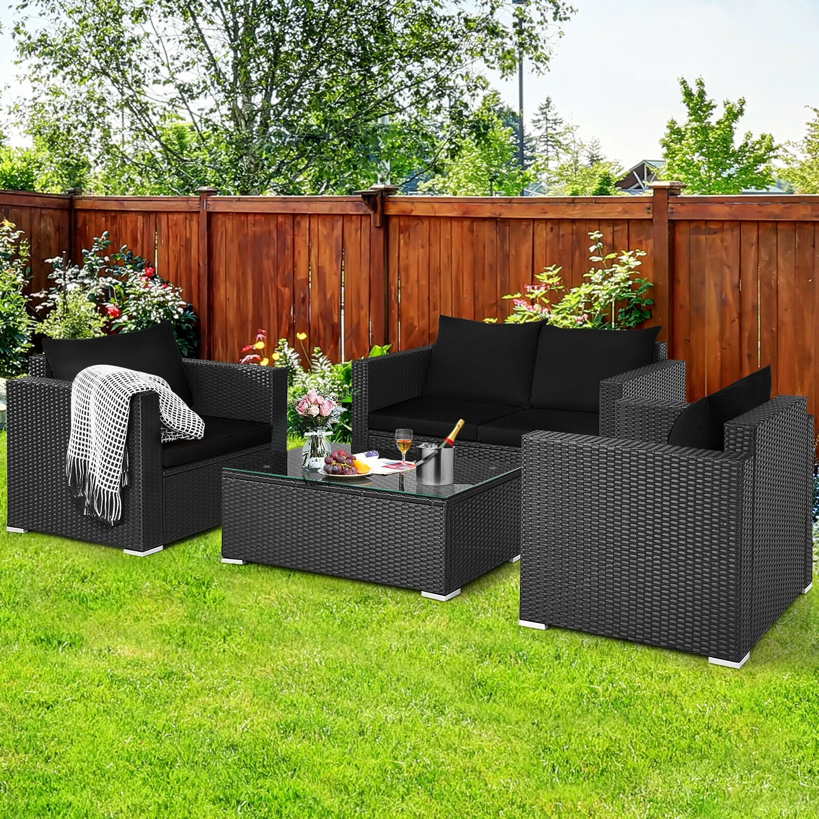 4 Pcs Patio Rattan Cushioned Furniture Set, Dark Black Patio Conversation Sets at Gallery Canada