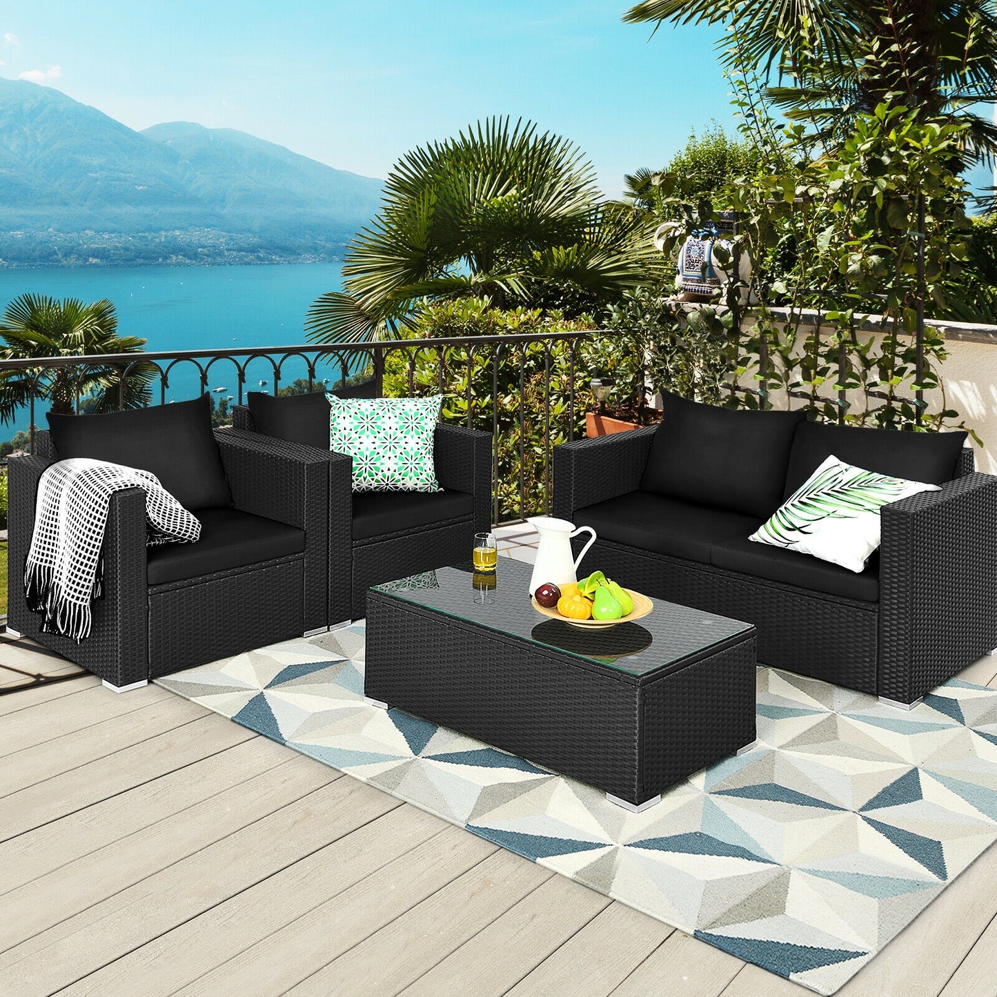 4 Pcs Patio Rattan Cushioned Furniture Set, Dark Black Patio Conversation Sets at Gallery Canada
