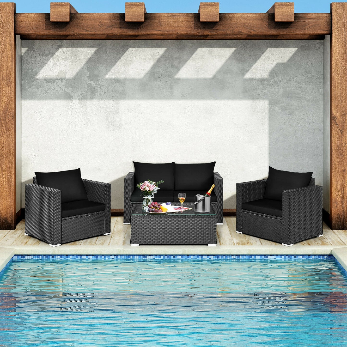 4 Pcs Patio Rattan Cushioned Furniture Set, Dark Black Patio Conversation Sets at Gallery Canada