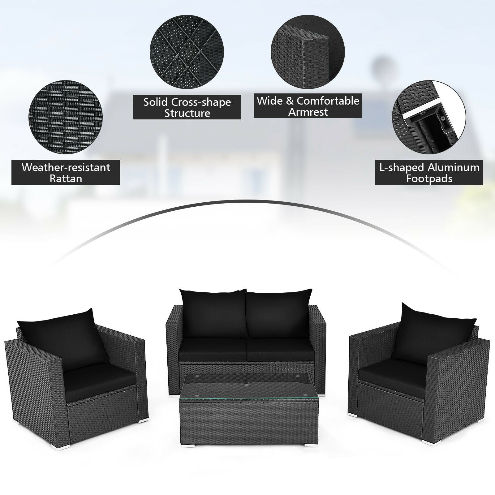 4 Pcs Patio Rattan Cushioned Furniture Set, Dark Black Patio Conversation Sets at Gallery Canada