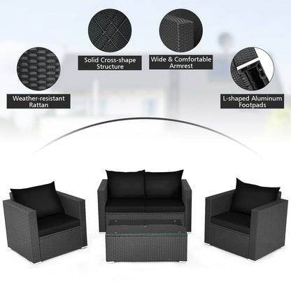 4 Pcs Patio Rattan Cushioned Furniture Set, Dark Black Patio Conversation Sets at Gallery Canada