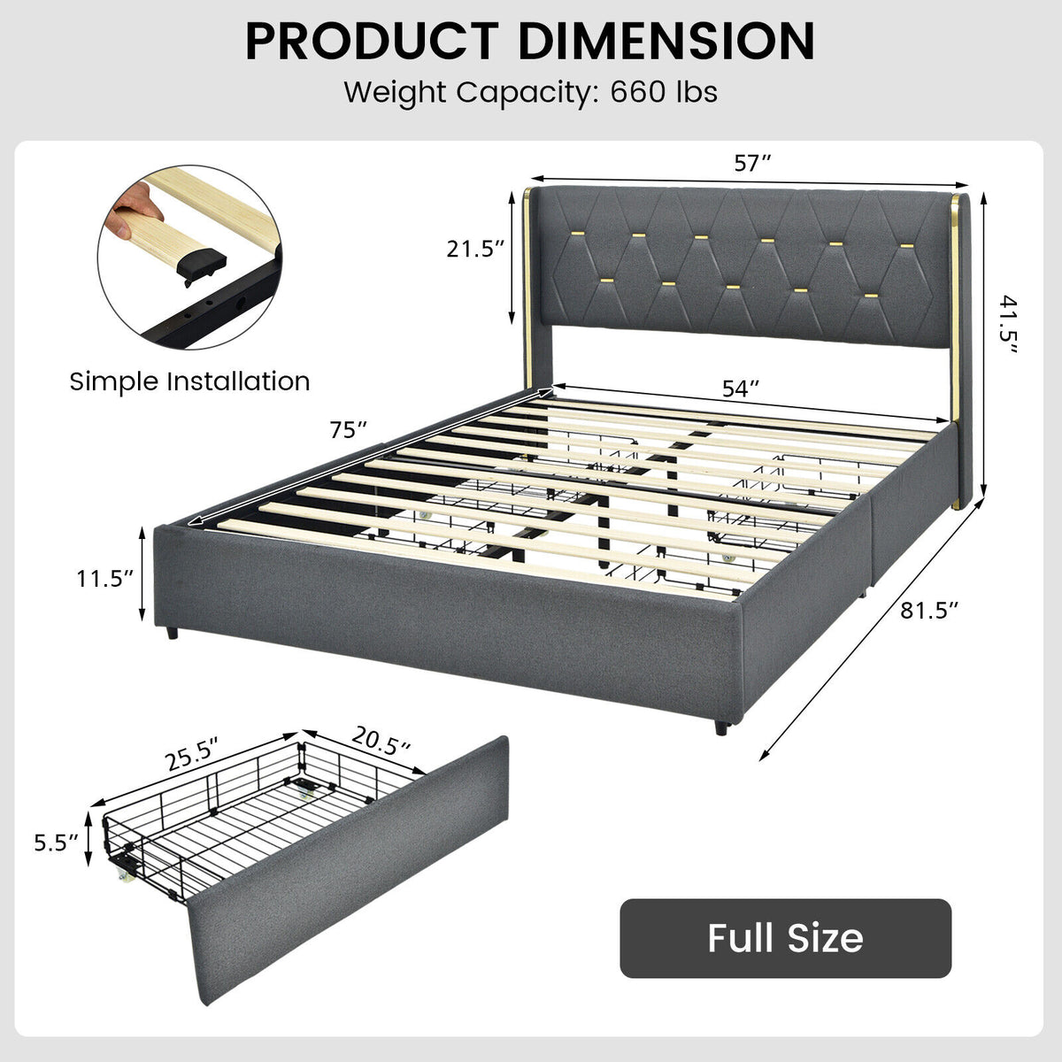 Full Queen Size Upholstered Bed Frame, 4 Storage Drawers, Black Simple Bed Frame at Gallery Canada