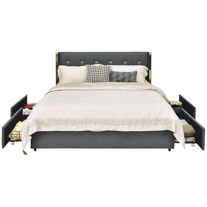 Full Queen Size Upholstered Bed Frame, 4 Storage Drawers, Black Simple Bed Frame at Gallery Canada